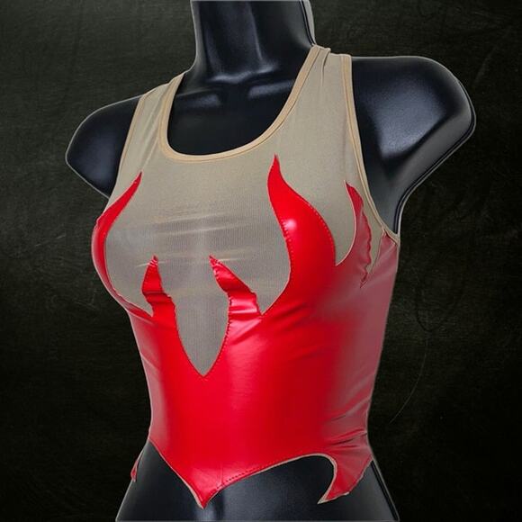 New S Red Flame Vegan Leather Top Sleeveless Mesh Y2K Stretchy Sexy Devil Satan - Picture 1 of 5